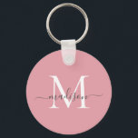 Rosa White Grått Monogram Namn Girly-skript Nyckelring<br><div class="desc">Enkel  Rosa White Grått Monogram Elegant Modern skriptnyckelkedja</div>
