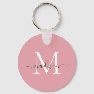 Rosa White Grått Monogram Namn Girly-skript Nyckelring