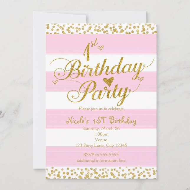 Rosa White & Guld 1:a BIRTHDAY PARTY-inbjudan Inbjudningar (Framsida)