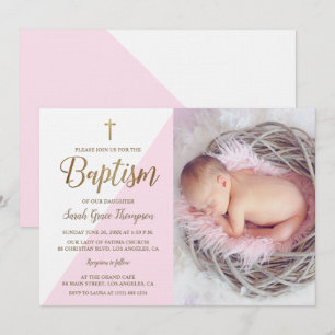 Rosa White Guld Baptism flicka foto Inbjudningar
