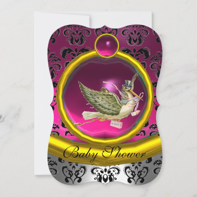 ROSA WHITE GULD DAMASK STORK BABY SHOWER MONOGRAM INBJUDNINGAR (Framsida)
