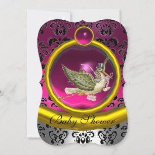 ROSA WHITE GULD DAMASK STORK BABY SHOWER MONOGRAM INBJUDNINGAR