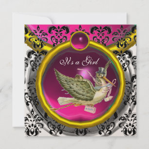 ROSA WHITE GULD DAMASK STORK BABY SHOWER MONOGRAM INBJUDNINGAR