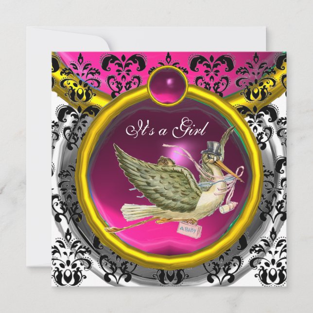 ROSA WHITE GULD DAMASK STORK BABY SHOWER MONOGRAM INBJUDNINGAR (Framsida)