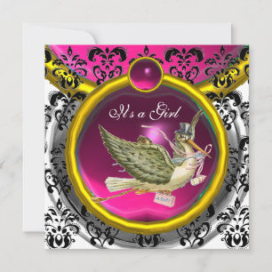 ROSA WHITE GULD DAMASK STORK BABY SHOWER MONOGRAM INBJUDNINGAR