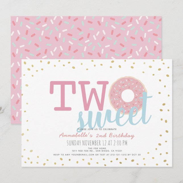 Rosa White Guld Donut Two Sweet Girl 2nd Birthday Inbjudningar (Fram/baksida)