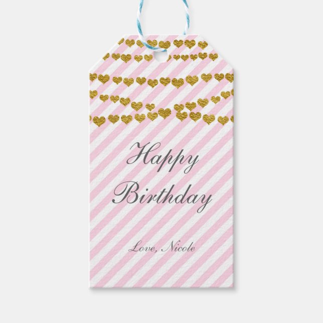Rosa & White Guld Hearts Strand Birthday Gift Märk Presentetikett (Framsidan)