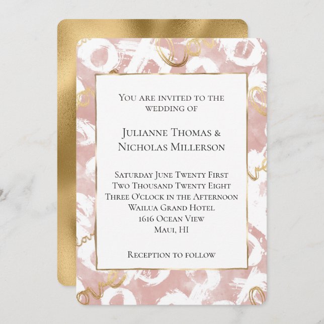 Rosa White Guld Kärlek XO Bröllop Inbjudningar (Fram/baksida)