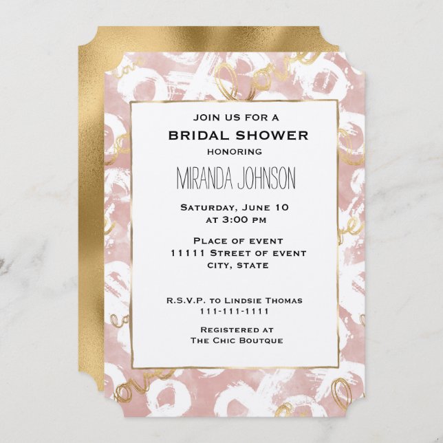 Rosa White Guld Kärlek XO Möhippa Inbjudningar (Fram/baksida)