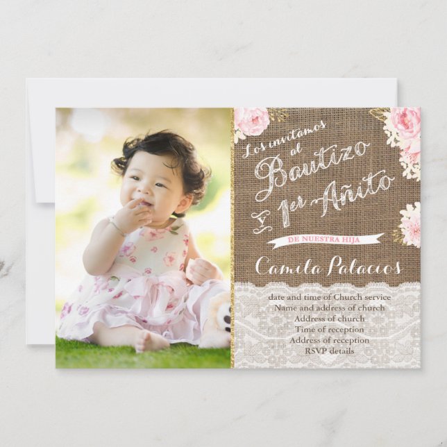 Rosa White Guld Spansk Bautizo Baptism Birthday Inbjudningar (Framsida)