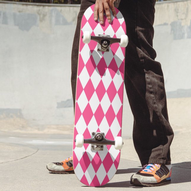 Rosa White Harlequin Diamonds Checkerss Design Mini Skateboard Bräda 18,5 Cm (Skapare uppladdad)