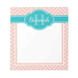 Rosa White Herringbone Mönster Teal Monogram Anteckningsblock