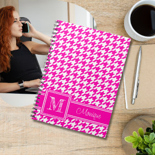Rosa White Houndstooth   Modern Monogram Anteckningsbok