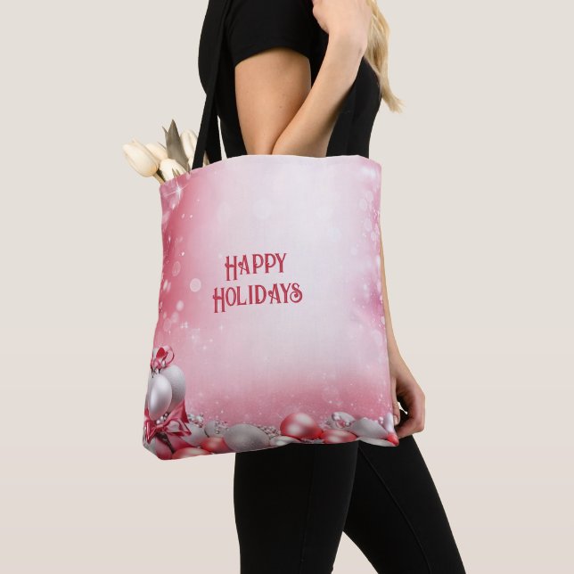 Rosa White jul Bollar Helgdag Tote Bag Tygkasse (Närbild)