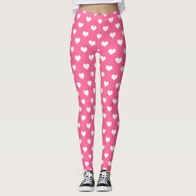 Rosa White Kärlek Heart Mönster Design Leggings (Framsida)