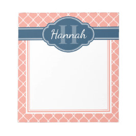 Rosa White Lattice Mönster Blue Monogram Anteckningsblock