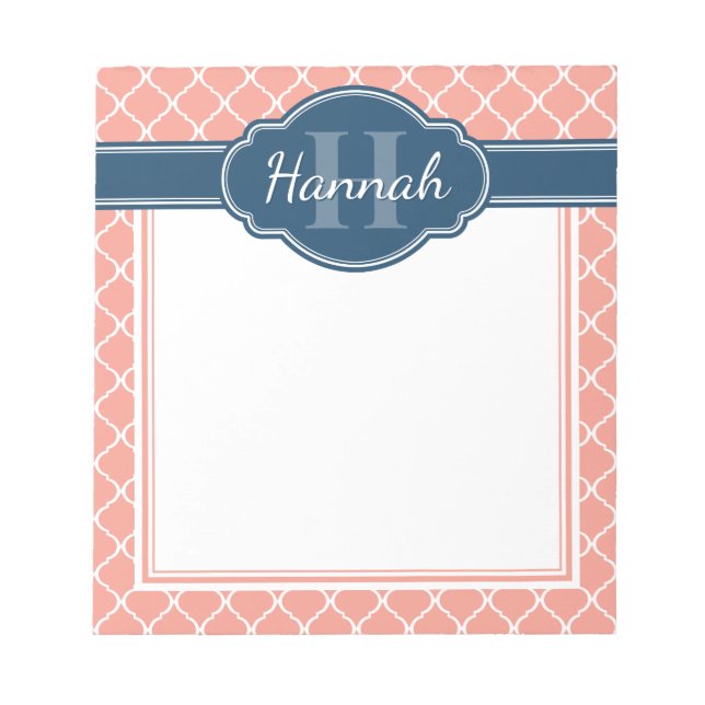 Rosa White Lattice Mönster Blue Monogram Anteckningsblock (Framsida)