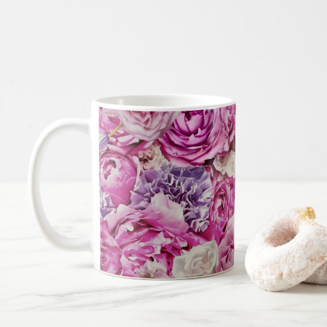 Rosa White Lavender Ro Flowers Mönster Kaffemugg (Med munk)