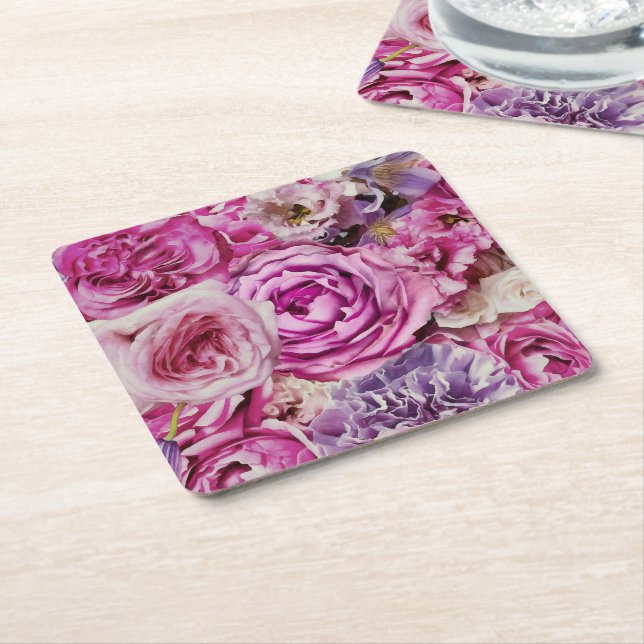 Rosa White Lavender Ro Flowers Mönster Underlägg Papper Kvadrat (Vinklad)