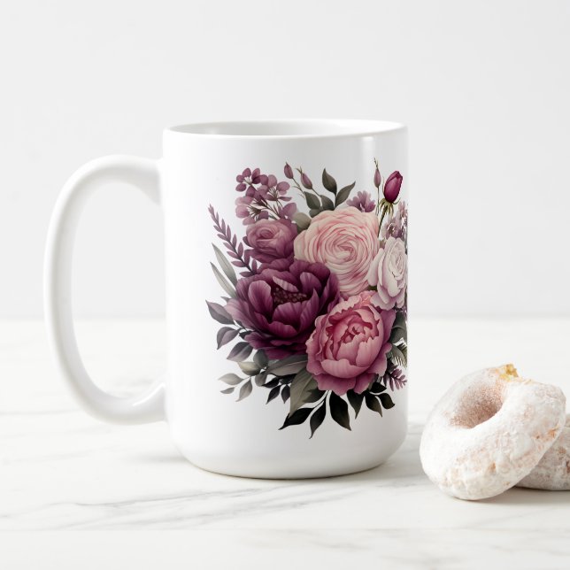 Rosa White Lila Ro Peonies Blommigt Flower Kaffemugg (Med munk)