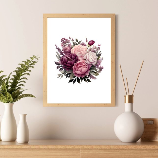 Rosa White Lila Ro Peonies Blommigt Flower Poster (Pink purple peonies and roses wall art poster print.  Elegant )