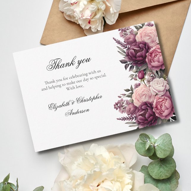 Rosa White Lila Watercolor Blommigt Bröllop Tack Kort (Pink Purple white floral watercolor wedding thank you cards. Script Calligraphy Formal)