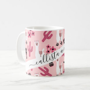 Rosa White Llama Maraca Cactus Blommigt Kaffemugg