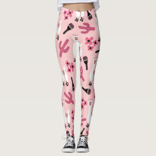 Rosa White Llama Maraca Cactus Blommigt Leggings