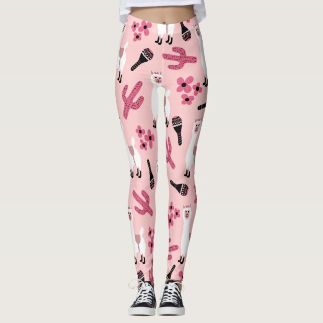 Rosa White Llama Maraca Cactus Blommigt Leggings (Framsida)