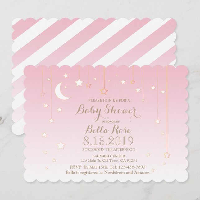 Rosa White Måne Star Girl Baby Shower Inbjudan (Fram/baksida)