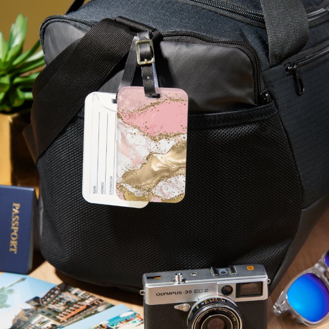 Rosa White Marble Guld Glitter Bagagebricka (Framsida & Baksida)