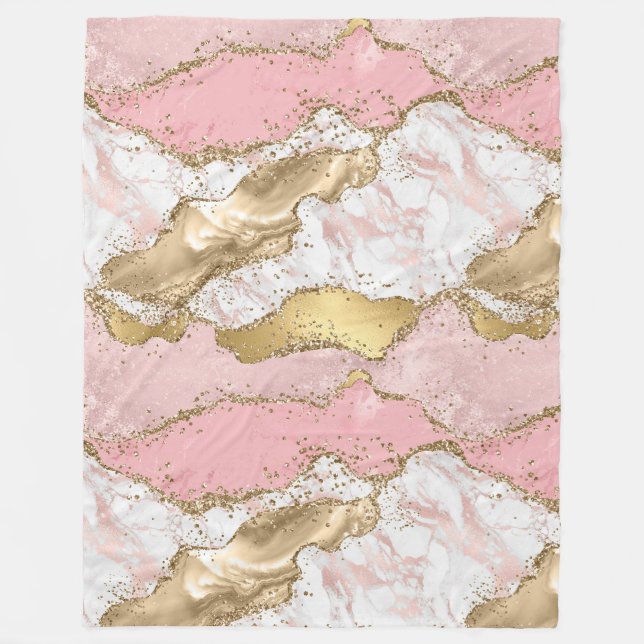 Rosa White Marble Guld Glitter Fleecefilt (Framsidan)