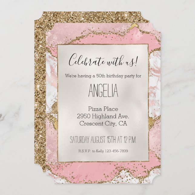 Rosa White Marble Guld Glitter Inbjudningar (Fram/baksida)