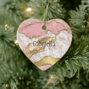 Rosa White Marble Guld Glitter Julgransprydnad Keramik