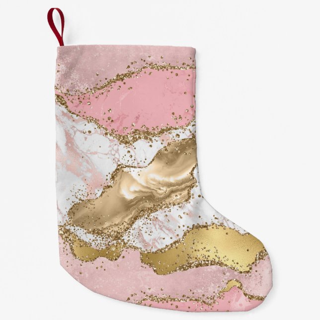 Rosa White Marble Guld Glitter Liten Julstrumpa (Framsidan)