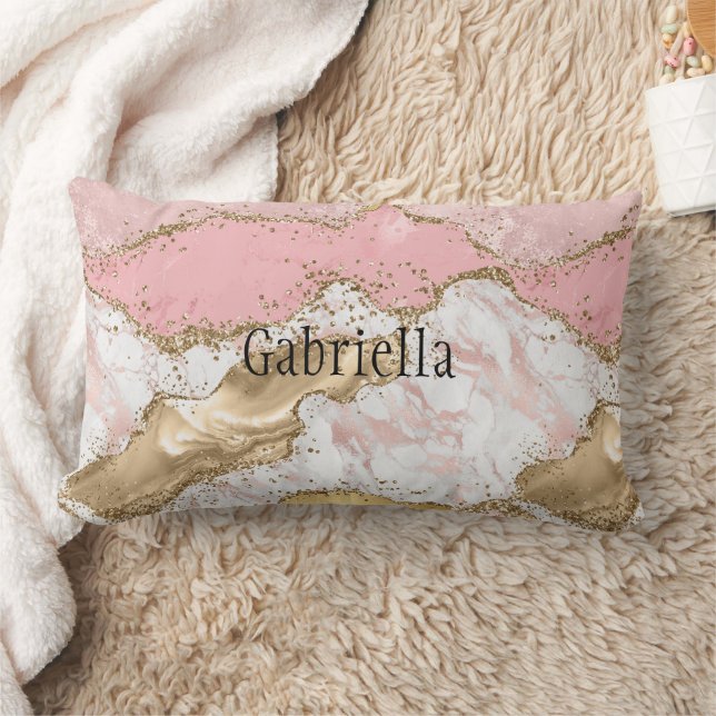 Rosa White Marble Guld Glitter Lumbarkudde (Filt)