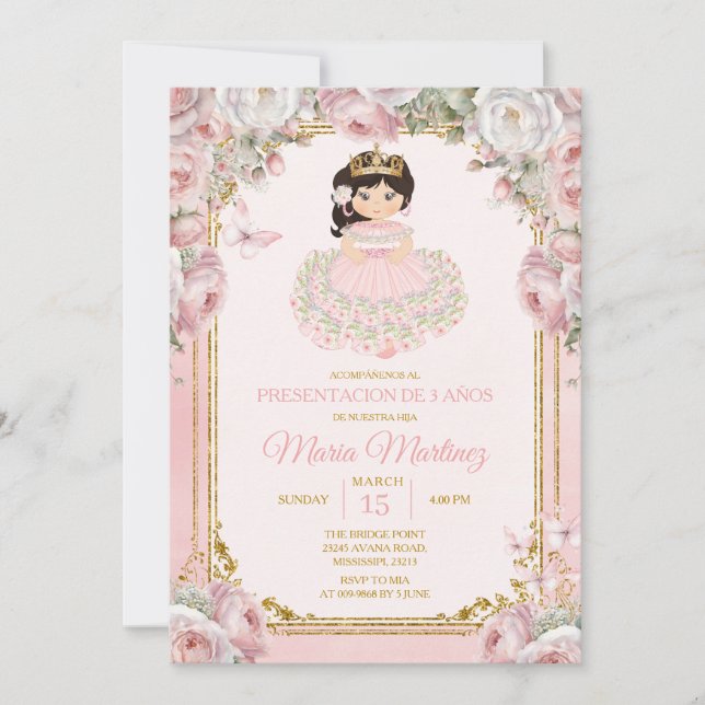Rosa White Mexican Niña Presentación De Tres Años Inbjudningar (Framsida)