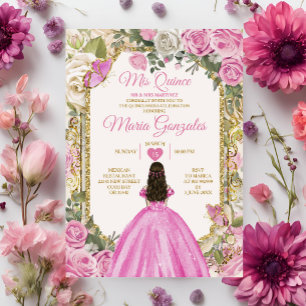 Rosa & White Mis Quince 15 Anos Guld Krona Inbjudningar