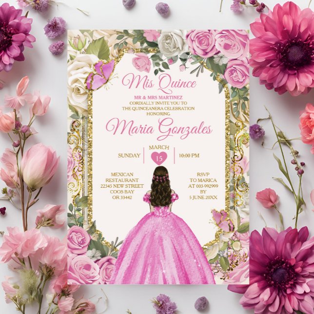 Rosa & White Mis Quince 15 Anos Guld Krona Inbjudningar (Skapare uppladdad)