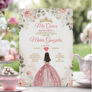 Rosa & White Mis Quince 15 Anos Guld Krona Inbjudningar