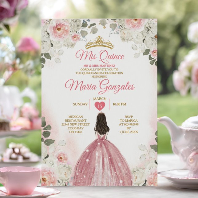 Rosa & White Mis Quince 15 Anos Guld Krona Inbjudningar (Skapare uppladdad)