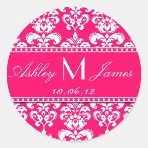 Rosa White Monogram Damask Save the Date Stickers Runt Klistermärke