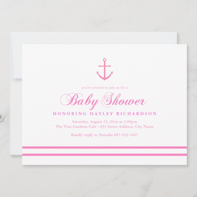 Rosa & White Nautical Baby Shower Inbjudan (Framsida)