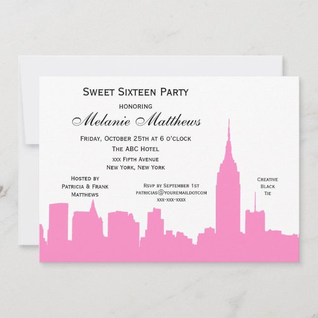 Rosa White NYC Skyline Silhouette Sweet sixteen Inbjudningar (Framsida)
