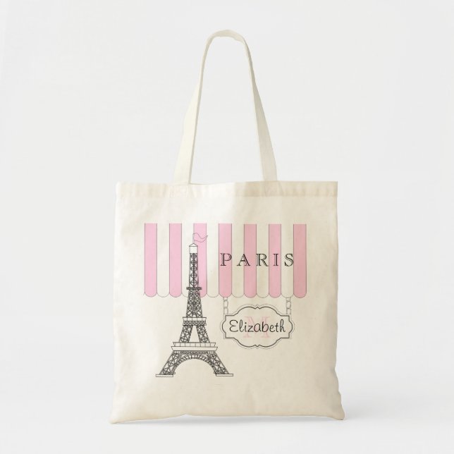 Rosa | White Paris Eiffel Torn Monogram Namn Tote Tygkasse (Framsidan)