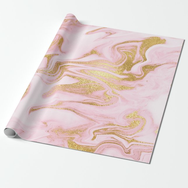 Rosa White Pastel Marble Shiny Golden Brush Presentpapper (Utrullad)