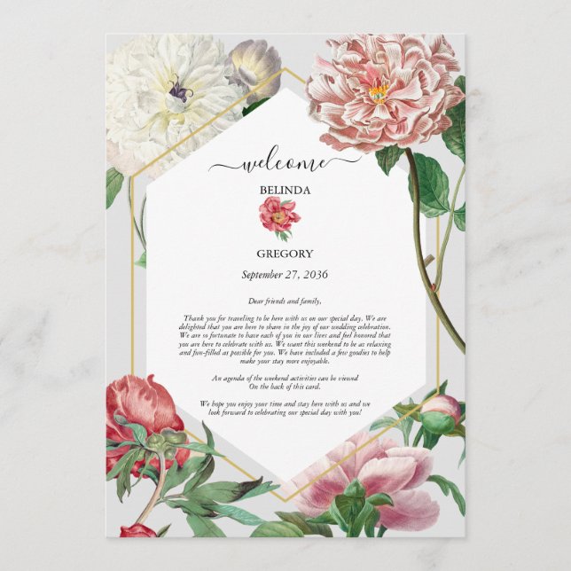 Rosa White Peonies Flowers Bröllop Itinerary Program (Framsida)