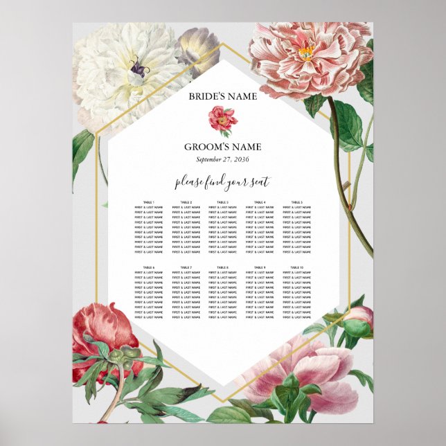 Rosa White Peonies Flowers Bröllop Sittdiagram Poster (Framsidan)