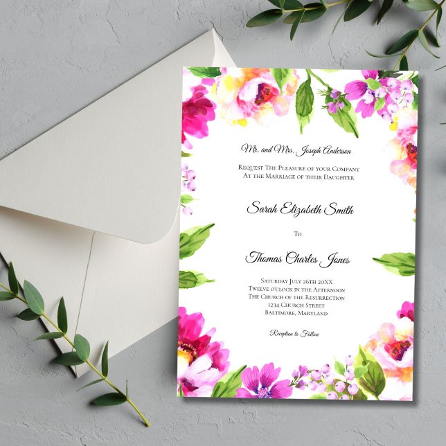 Rosa White Peony Blommigt Greenery Elegant bröllop Inbjudningar (Pink Green Watercolor Floral Traditional Formal Wedding Invitation. Elegant Church Wedding)