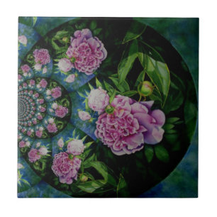 Rosa White peony blommigt water color mandala Kakelplatta